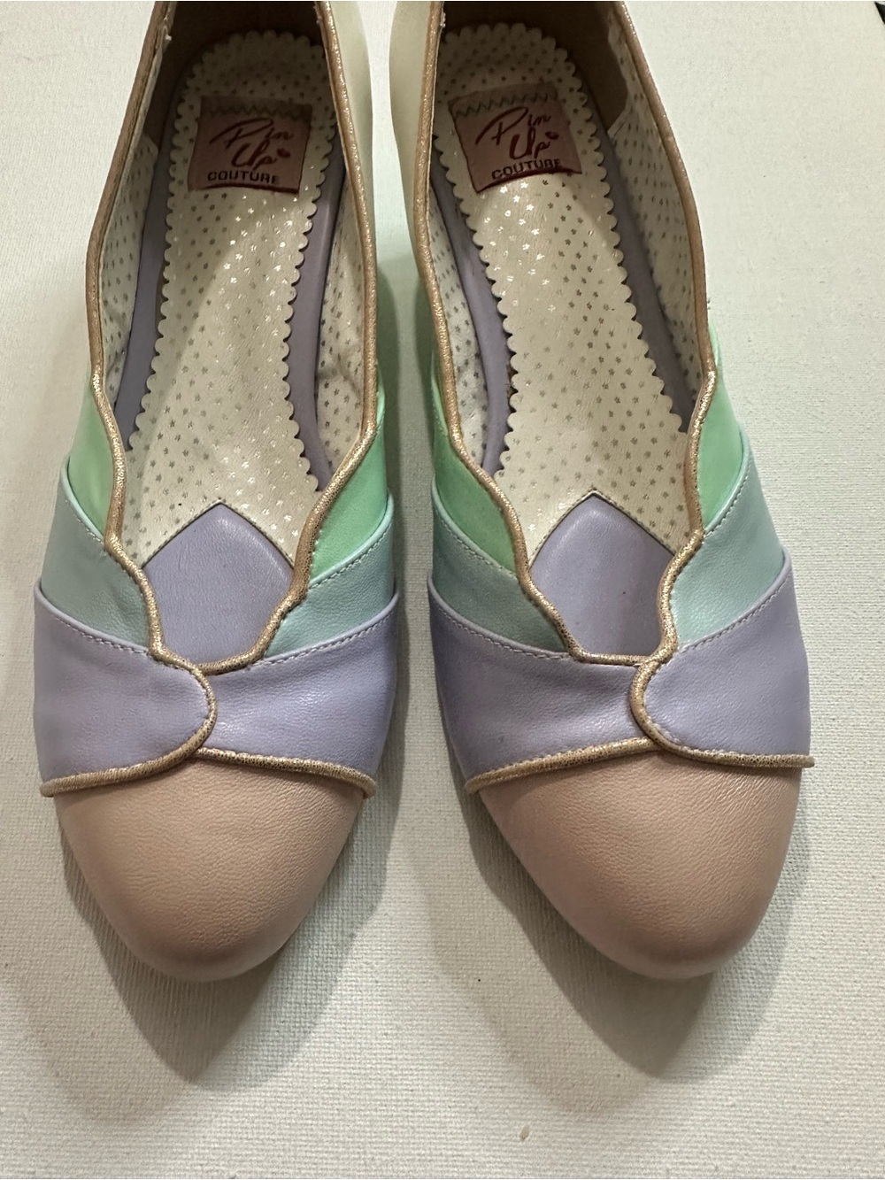 Pinup Couture Lulu Pastel Blocked Scallop Kitten Heels Mint Multi Matte Size 10 - Picture 3 of 11